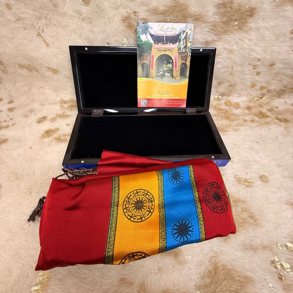 Silk Vietnam Scarf with Tassels Multicolor Red Orange Blue Yellow in Box 70"x22"